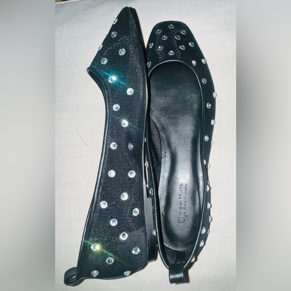 Open Edit Ballet Flats Black Mesh Sparkling Crystal Dazzle Rubber Sole Size 8